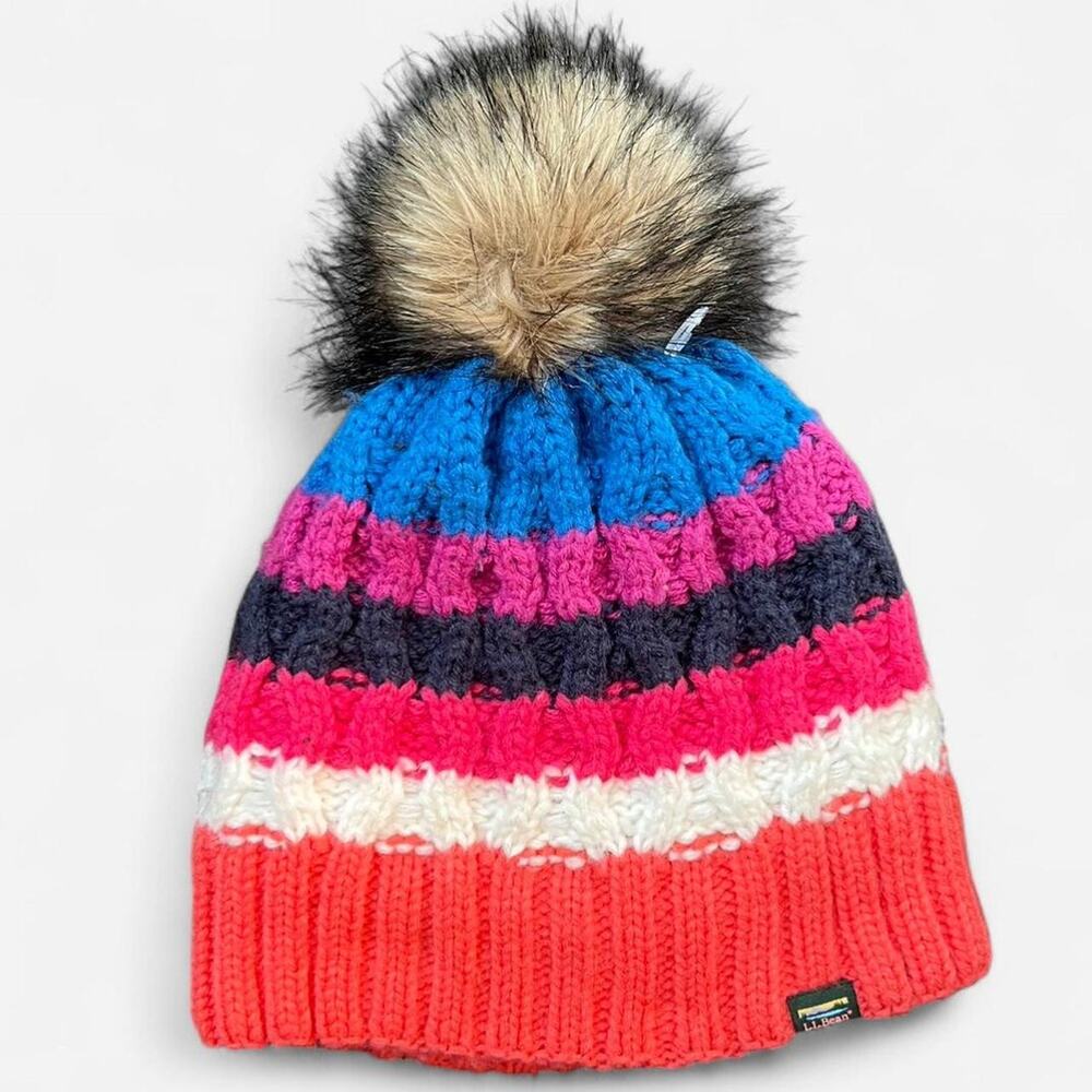 L.L.Bean Pompom Cable Knit Bright Striped Beanie